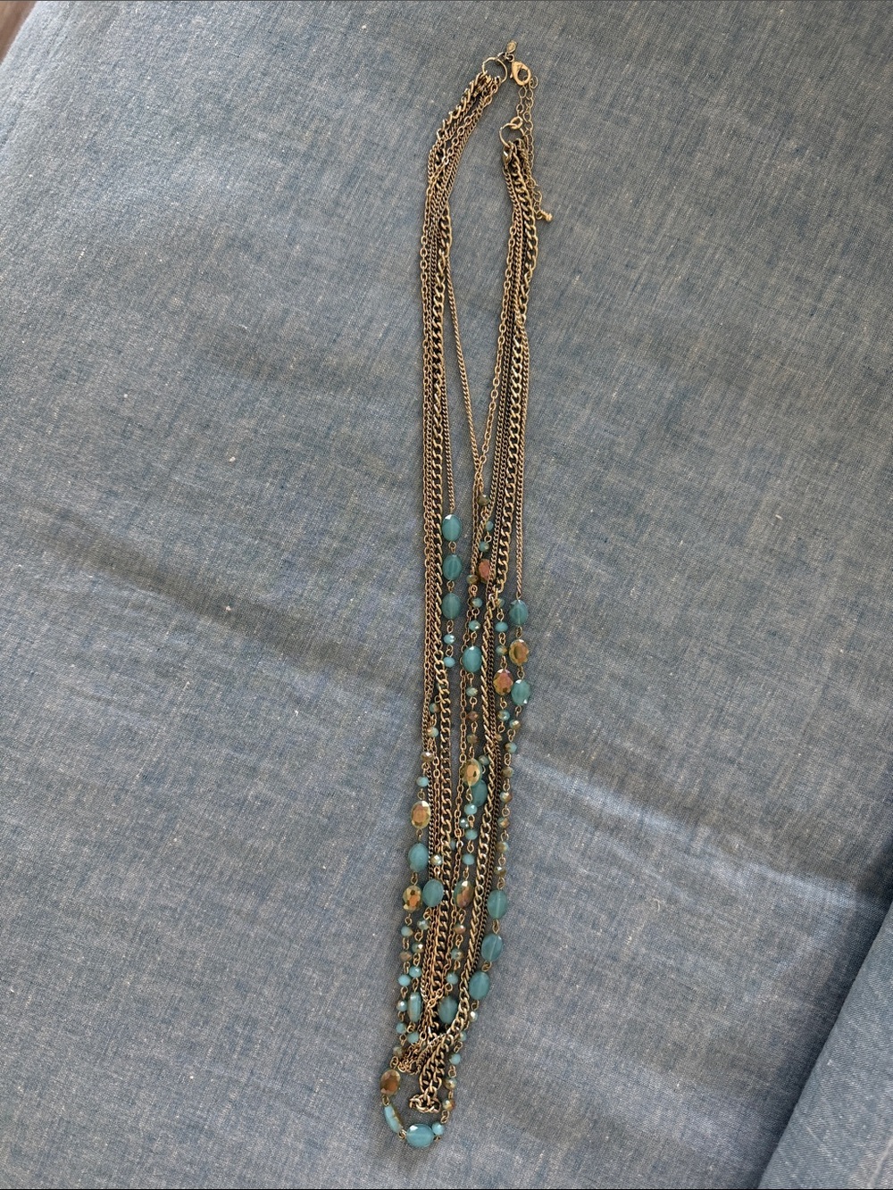 Multi-Strand Turquoise Bead and Gold Chain Necklace
